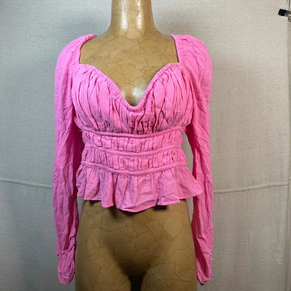 Free People Chloe Pink Smock Peplum‎ Crop Blouse Long Puff Sleeve Sweetheart Top